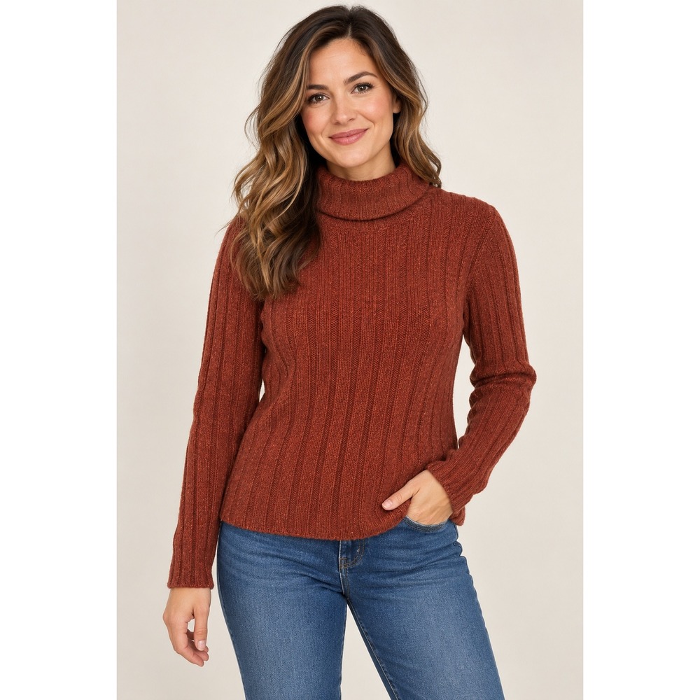 L.L. Bean Turtleneck Sweater Womens Medium M Rust Orange Silk Lambswool Ribbed